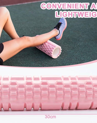 Problems Solved pink Pilates fascia roller and yoga column for muscle relief and stretching exercises.