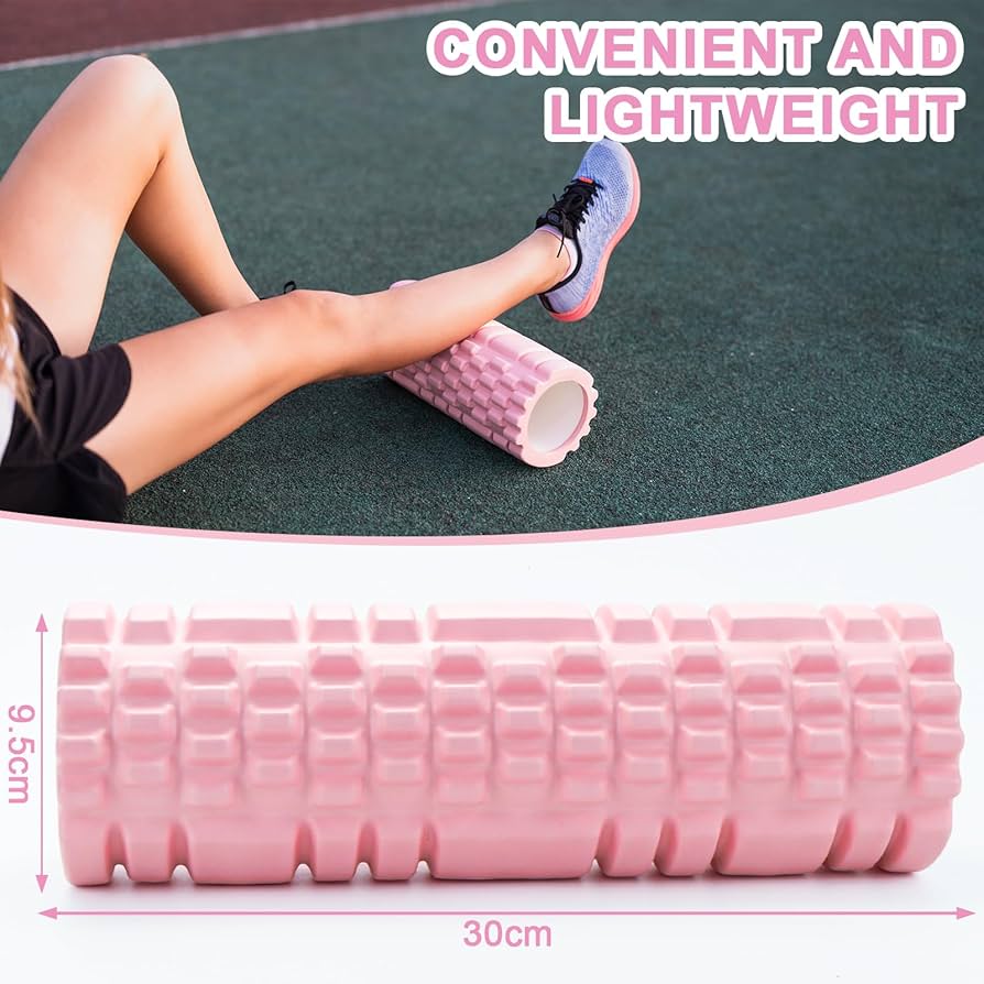Problems Solved pink Pilates fascia roller and yoga column for muscle relief and stretching exercises.