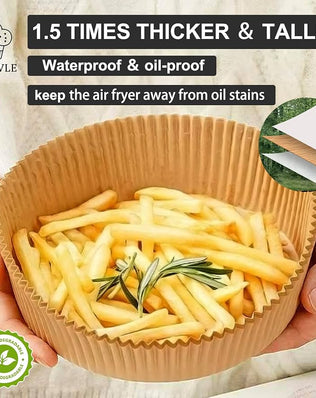 Pack of 50 XXL 10-inch air fryer disposable paper liners from Problems Solved, designed to fit large air fryers and keep them clean.