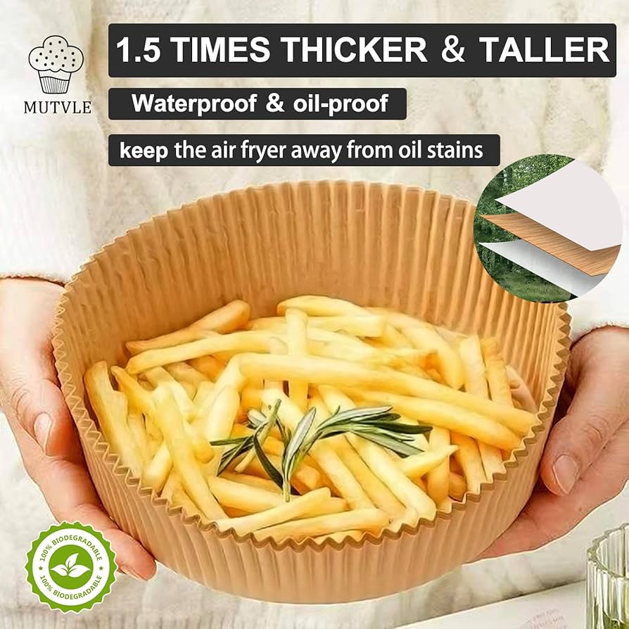 Pack of 50 XXL 10-inch air fryer disposable paper liners from Problems Solved, designed to fit large air fryers and keep them clean.