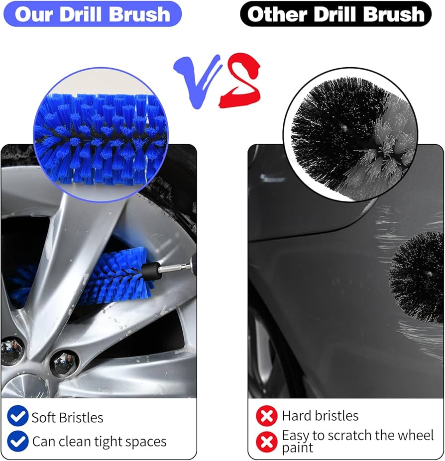 Problems Solved drill brush for car wheels and bottles, dense durable cleaning brush for vehicle and bottle cleaning tasks.