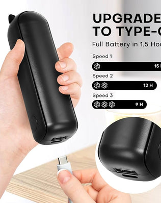 Problems Solved mini handheld fan with 3-speed settings, rechargeable, quiet operation, and portable USB design.