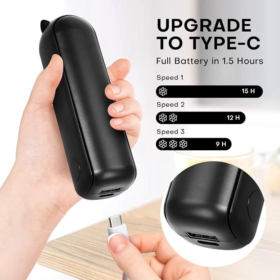 Problems Solved mini handheld fan with 3-speed settings, rechargeable, quiet operation, and portable USB design.