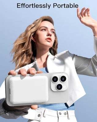 Wireless magnetic power bank from Problems Solved with a 5000mAh capacity, portable charger with magnetic attachment for smartphones.