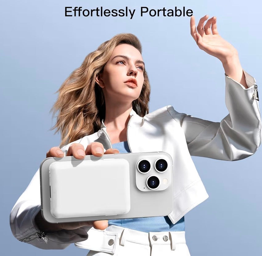 Wireless magnetic power bank from Problems Solved with a 5000mAh capacity, portable charger with magnetic attachment for smartphones.