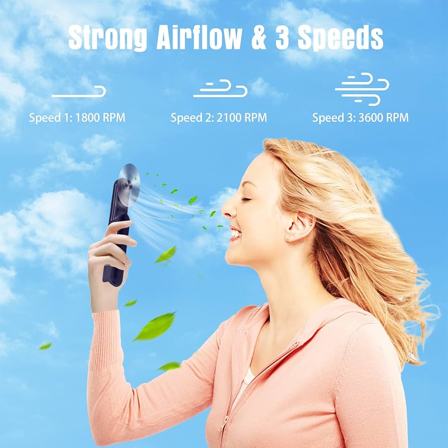 Problems Solved handheld mini fan with three speed settings, rechargeable battery, compact and quiet for personal cooling.