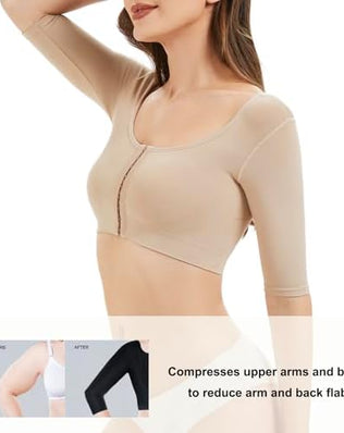 Problems Solved women's arm shaper with front closure, post-surgery compression sleeve for lipo recovery and arm support.
