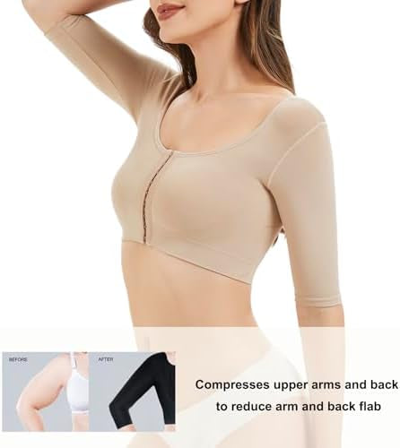 Problems Solved women's arm shaper with front closure, post-surgery compression sleeve for lipo recovery and arm support.