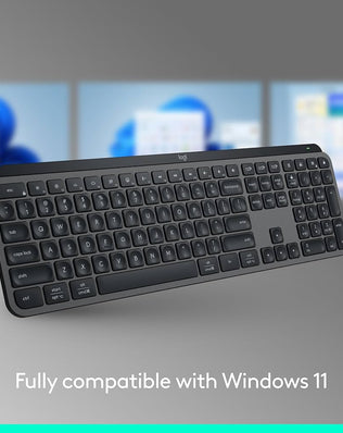 Logitech MX Keys S wireless keyboard by Problems Solved showing low profile keys and fluid quiet typing keys on a clean desk setup.
