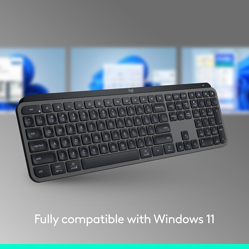 Logitech MX Keys S wireless keyboard by Problems Solved showing low profile keys and fluid quiet typing keys on a clean desk setup.