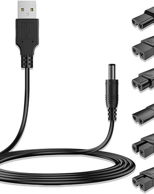 Problems Solved electric shaver charger kit with 7pcs universal USB replacement cables on a white background