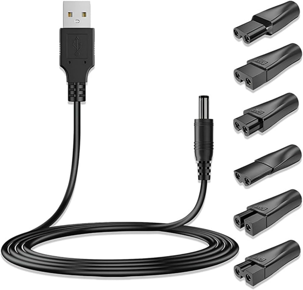 Problems Solved electric shaver charger kit with 7pcs universal USB replacement cables on a white background