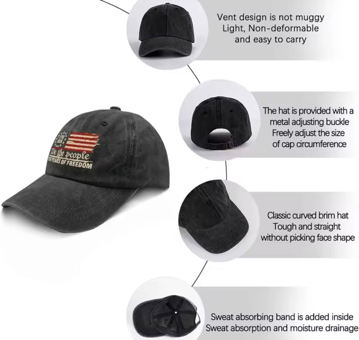 Retro washed printed U.S. 250th anniversary baseball hat by Problems Solved, featuring vintage-style design and classic brim.