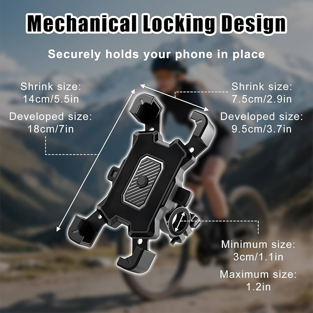 Problems Solved bike phone handlebar mount with anti-vibration, safety lock, and 360º rotation for motorbikes.