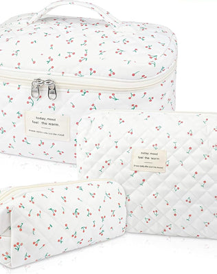 Beauty Case, 3 Pieces Floral Large Capacity Makeup Bag, Quilted Toiletry Bag
