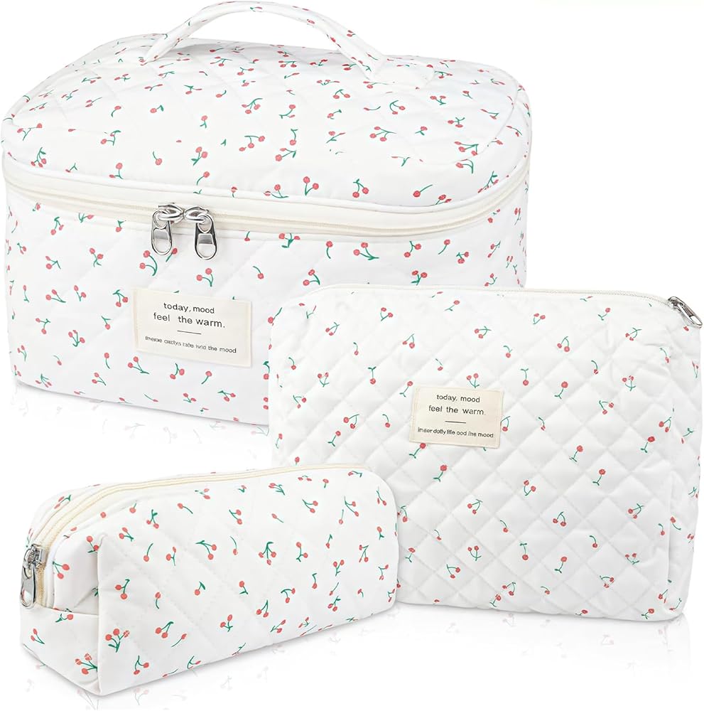 Beauty Case, 3 Pieces Floral Large Capacity Makeup Bag, Quilted Toiletry Bag
