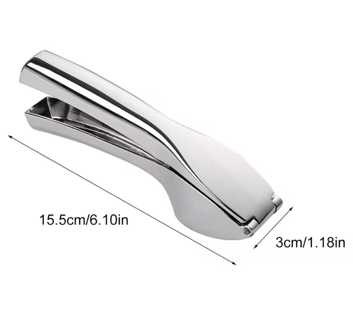 Stainless steel Problems Solved garlic press and crusher, manual garlic mincer with ergonomic handle and stainless steel construction.