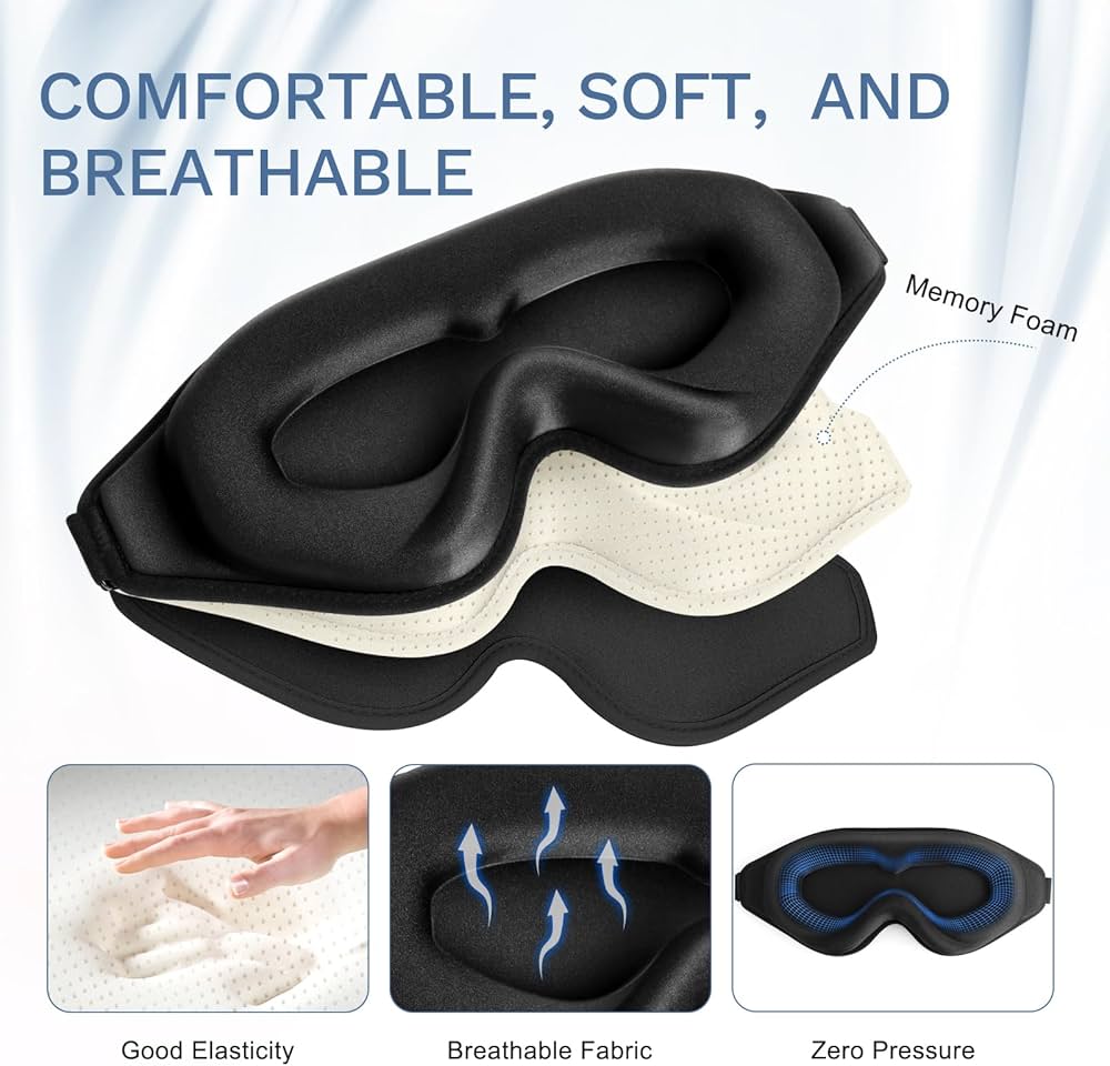 Problems Solved 99% fully block out light eye sleep mask with 3D deep contoured design for comfortable eye coverage during sleep.