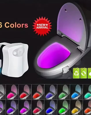 Wireless LED motion sensor night light with RGB 16-color options, ideal for toilet or bathroom lighting.