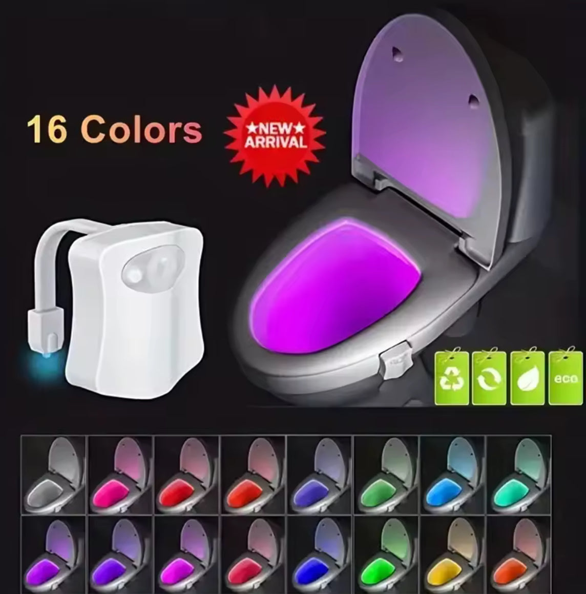 Wireless LED motion sensor night light with RGB 16-color options, ideal for toilet or bathroom lighting.