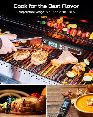Problems Solved digital meat thermometer with backlight, wireless design for grilling and air frying, showing a digital display.