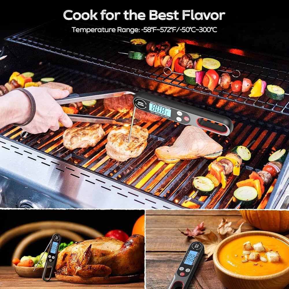 Problems Solved digital meat thermometer with backlight, wireless design for grilling and air frying, showing a digital display.