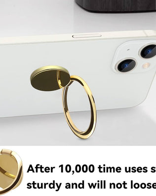 Gold phone ring holder stand with finger grip and kickstand, Fits phone cases and back of phones for secure grip and hands-free use.