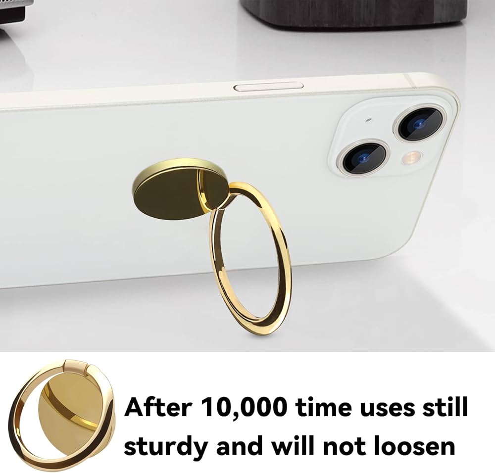 Gold phone ring holder stand with finger grip and kickstand, Fits phone cases and back of phones for secure grip and hands-free use.