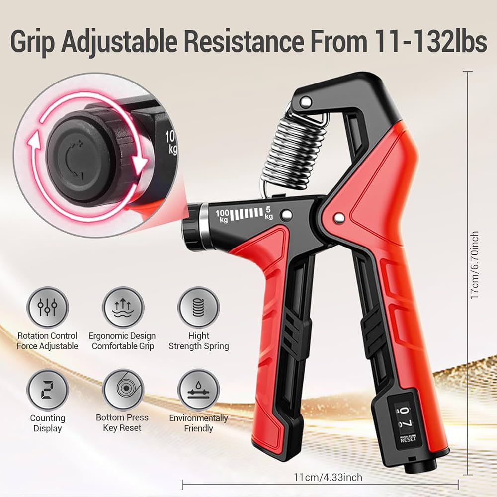 Problems Solved hand grip strengthener and forearm exerciser with adjustable tension and ergonomic design for hand and forearm training.