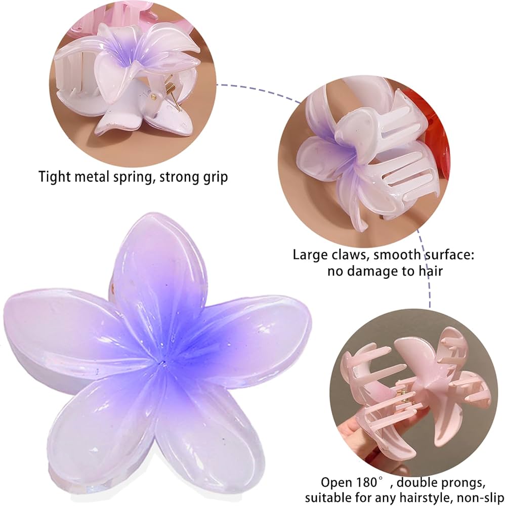 6 pcs Color Flower Hair Clips, 3.14 inches Large Hawaiian Flower Claw Clip for Women