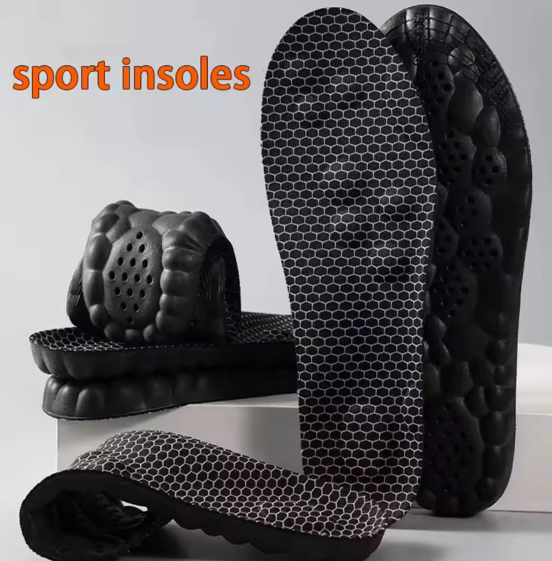 Two pairs of Problems Solved soft, breathable shoe pads designed for foot massage and comfort inside shoes.