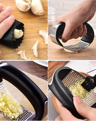 Problems Solved Eastrise stainless steel garlic press rocker crusher masher on a kitchen countertop, compact and portable manual tool.