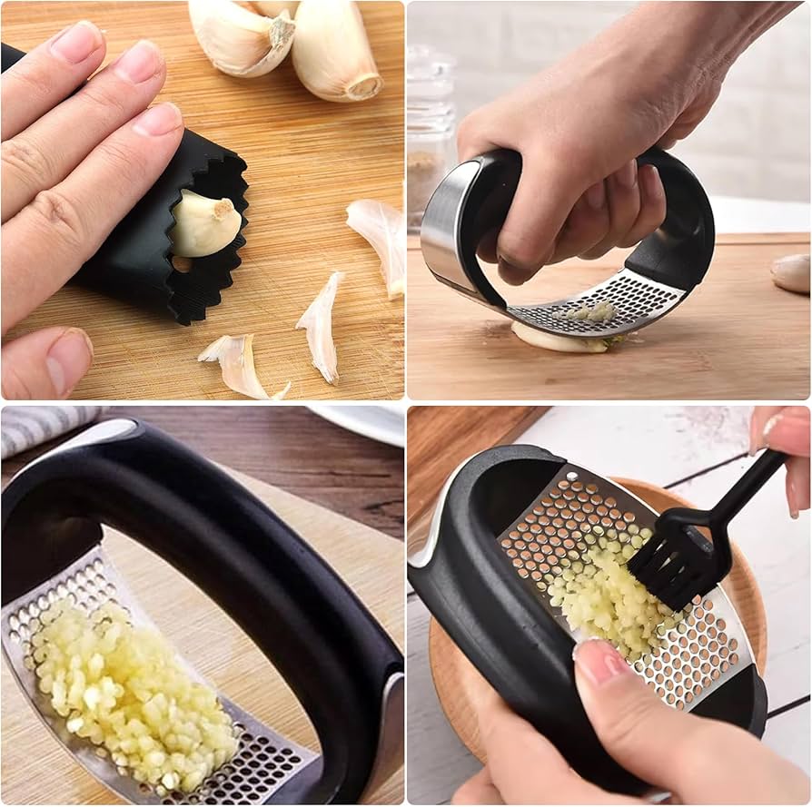 Problems Solved Eastrise stainless steel garlic press rocker crusher masher on a kitchen countertop, compact and portable manual tool.
