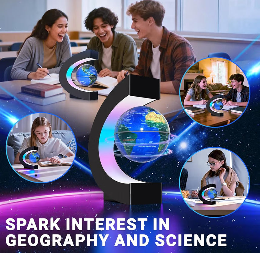 Levitating floating globe with LED lights by Problems Solved, showcasing a modern tech gadget with a magnetic levitation display.