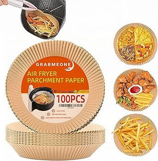 Set of 100 disposable air fryer paper liners in 7.9-inch round size, designed for easy use in Problems Solved air fryers.