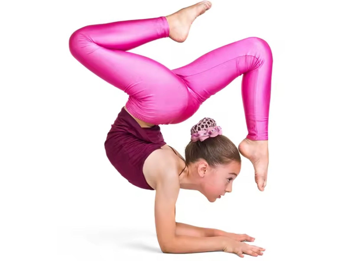 Kids girls dance pants from Problems Solved, shiny gymnastic leggings with a comfortable fit and vibrant metallic finish.