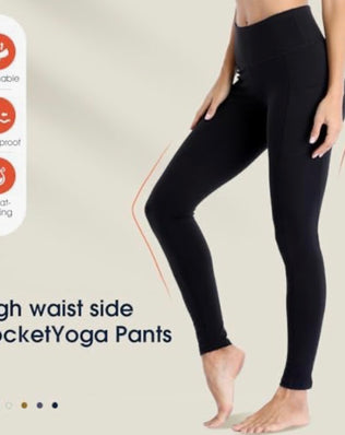 Women's high waist sports leggings with pockets by Problems Solved, showing black leggings with a comfortable fit and functional side pockets.