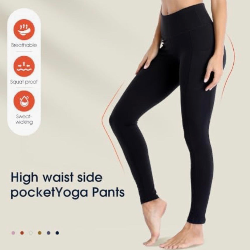 Women's high waist sports leggings with pockets by Problems Solved, showing black leggings with a comfortable fit and functional side pockets.