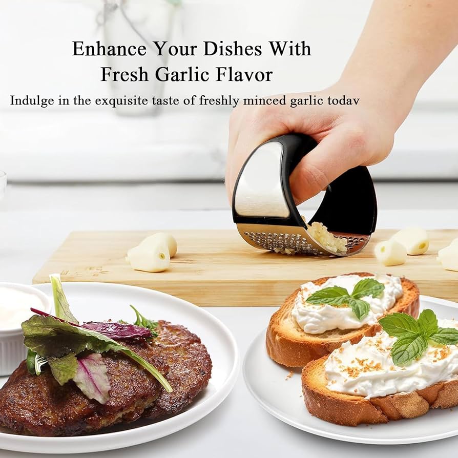 Problems Solved Eastrise stainless steel garlic press and rocker crusher masher for efficient, portable manual garlic crushing.