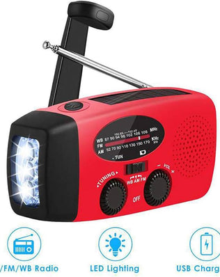 Problems Solved emergency radio with 2000mAh power bank, hand crank, solar panel, and built-in flashlight in compact design.