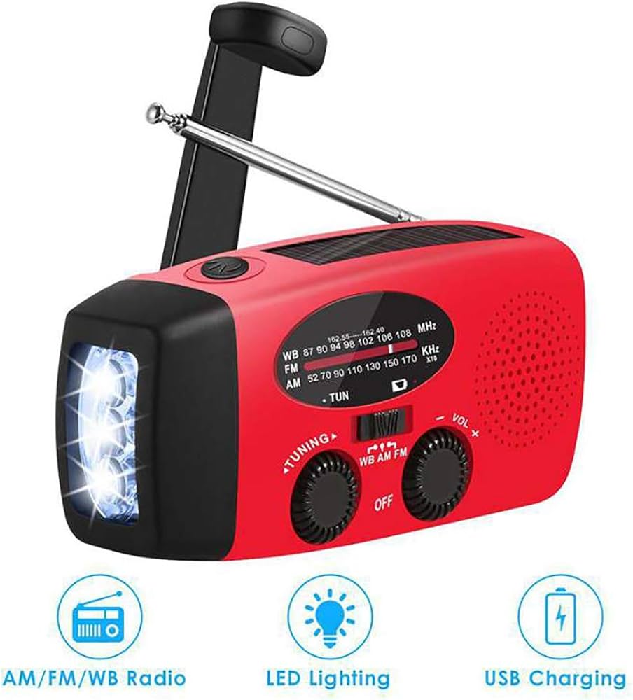Problems Solved emergency radio with 2000mAh power bank, hand crank, solar panel, and built-in flashlight in compact design.