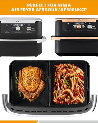Silicone liners for Ninja AF500UK 10L dual air fryer, Problems Solved brand, showing reusable non-stick air fryer accessories.