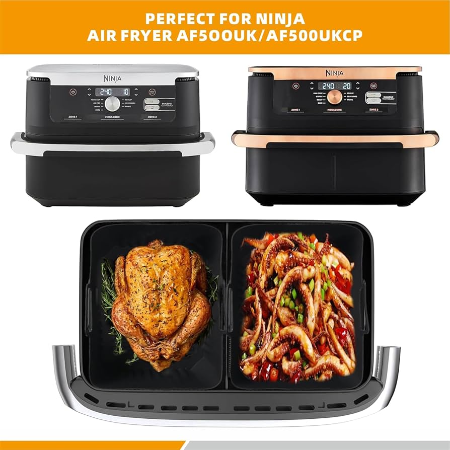 Silicone liners for Ninja AF500UK 10L dual air fryer, Problems Solved brand, showing reusable non-stick air fryer accessories.