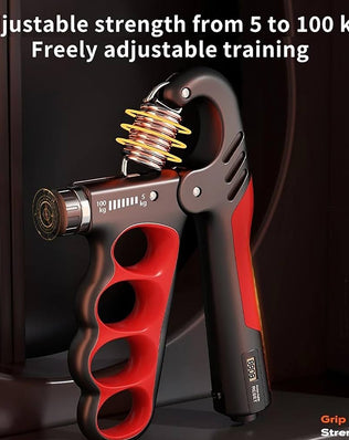 Problems Solved adjustable hand grip strength trainer with 5-100kg resistance, shown in a close-up image of the device's handles.