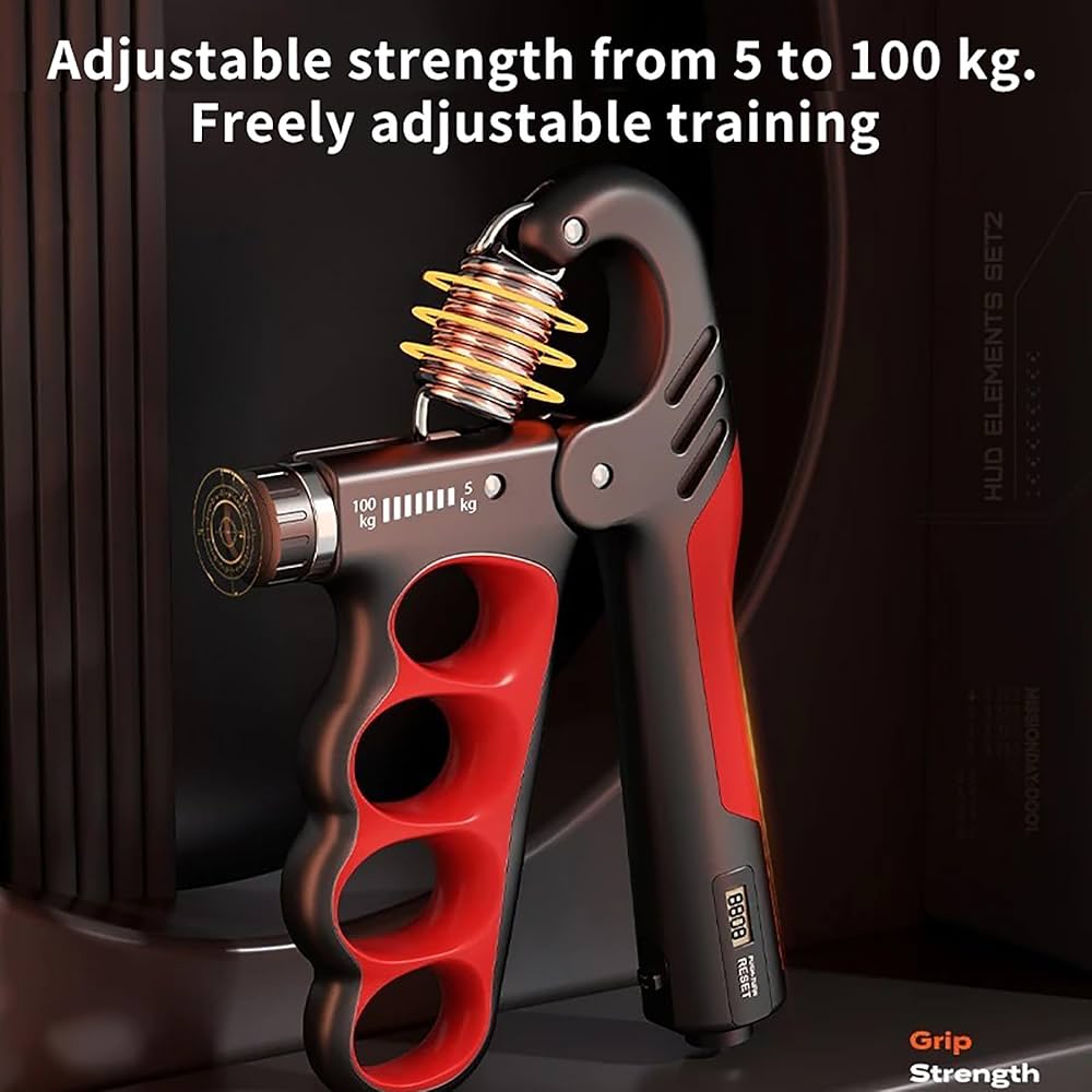 Problems Solved adjustable hand grip strength trainer with 5-100kg resistance, shown in a close-up image of the device's handles.