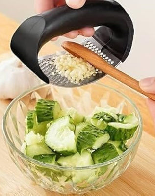 Problems Solved stainless steel garlic press with ergonomic handle and garlic crusher for efficient garlic mincing.