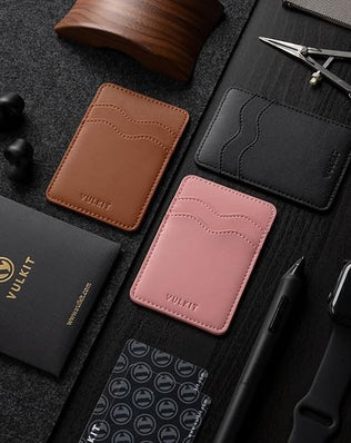 Slim leather phone card holder by Problems Solved, adhesive back for men and women, holds credit cards and IDs securely.