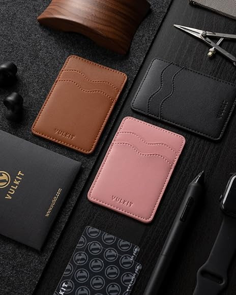 Slim leather phone card holder by Problems Solved, adhesive back for men and women, holds credit cards and IDs securely.