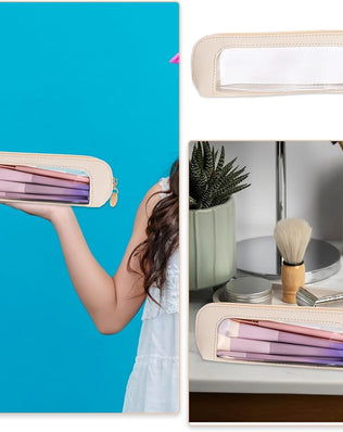 Small clear leather travel makeup bag with transparent design, ideal for storing makeup brushes and cosmetics on the go.