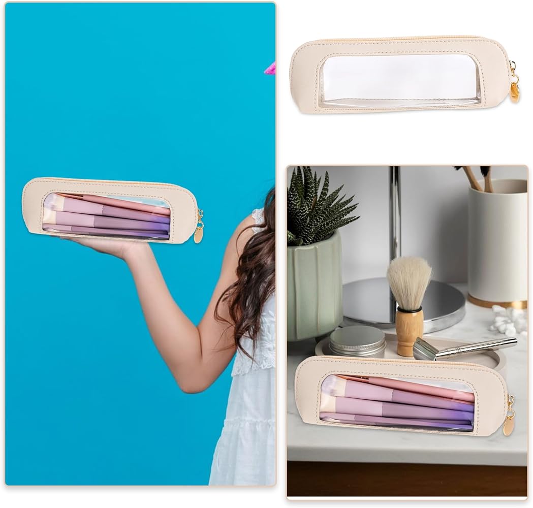 Small clear leather travel makeup bag with transparent design, ideal for storing makeup brushes and cosmetics on the go.